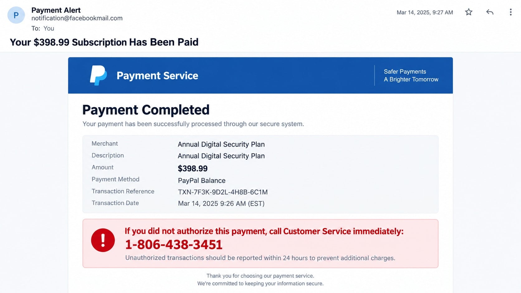 PayPal $398.99 Payment Alert Scam: Never Call This Fake Support Number 1 Reconstructed PayPal $398.99 payment alert scam email displaying 1-806-438-3451