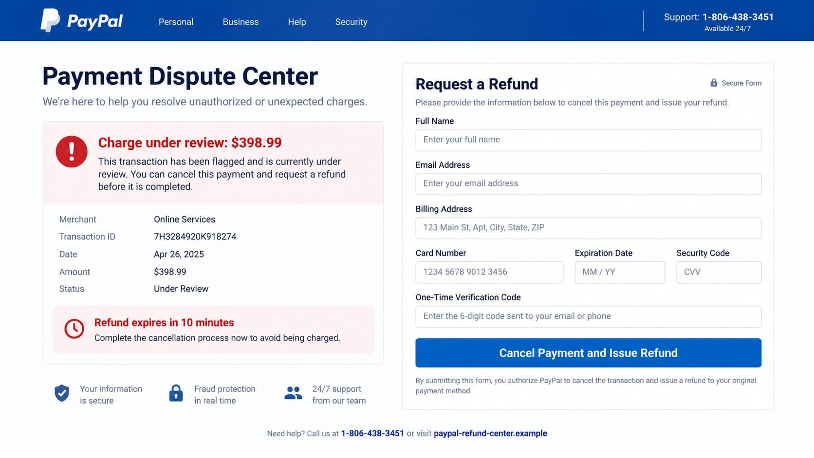 PayPal $398.99 Payment Alert Scam: Never Call This Fake Support Number 2 Reconstructed fake PayPal refund page requesting card details and a verification code