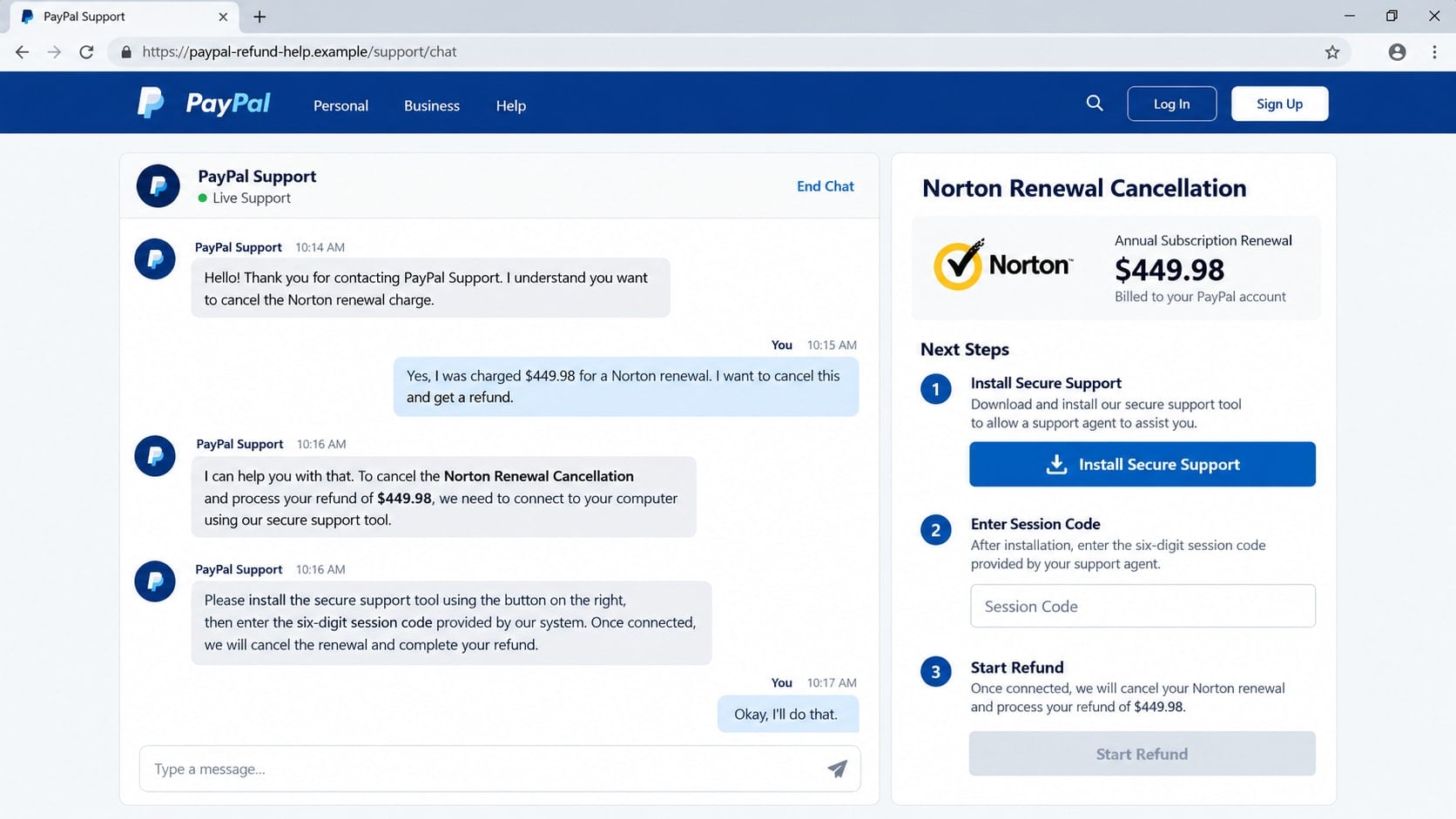 PayPal Norton Invoice Scam: How Fake Renewal Bills Hijack Your Computer 2 Reconstructed fake PayPal support page requesting remote access for a Norton renewal refund
