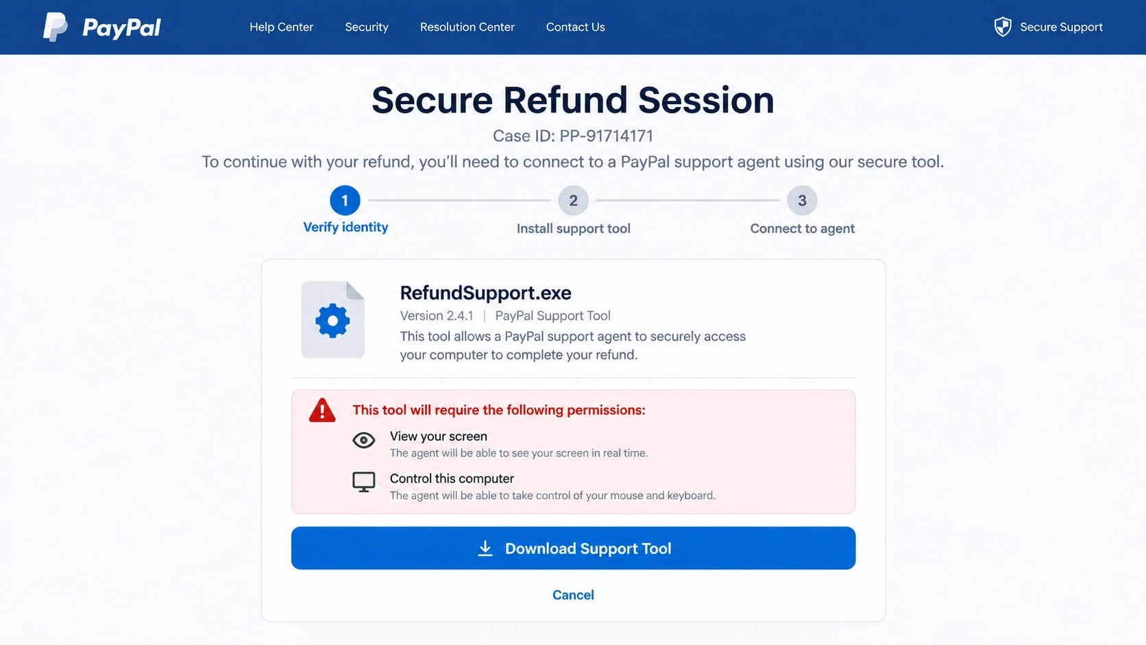 PayPal Process Transaction Scam: How the Fake $1,305.31 Email Steals Money 2 Reconstructed fake PayPal refund support page asking the victim to install remote access software