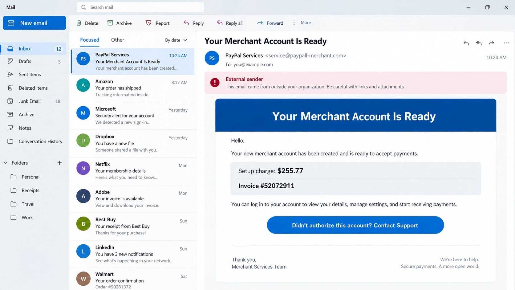 PayPal Merchant Account Scam: Fake $255.77 Setup Fee Email Fully Exposed 1 Reconstructed PayPal merchant account scam email showing a fake $255.77 setup charge