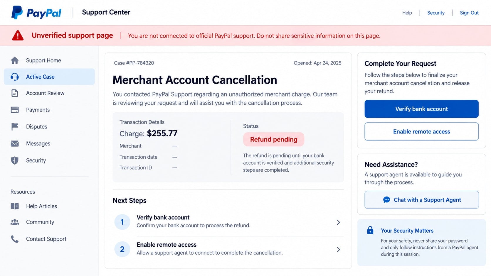 PayPal Merchant Account Scam: Fake $255.77 Setup Fee Email Fully Exposed 2 Reconstructed fake PayPal support page requesting bank verification and remote access