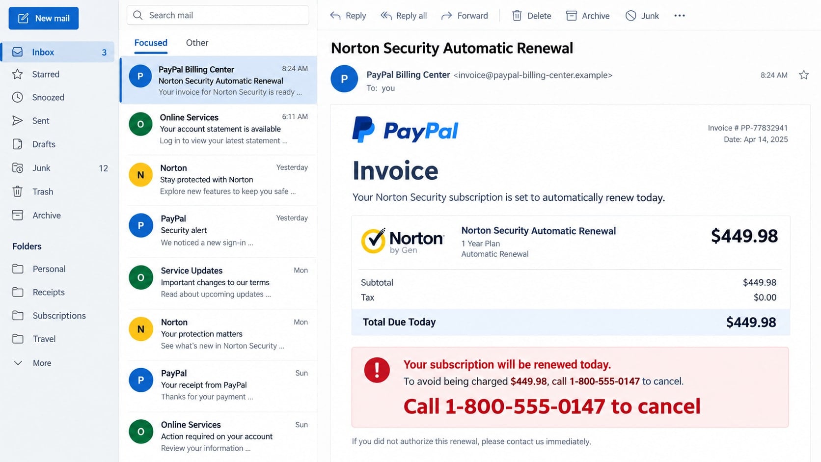 PayPal Norton Invoice Scam: How Fake Renewal Bills Hijack Your Computer 1 Reconstructed PayPal Norton invoice scam email claiming a $449.98 automatic renewal