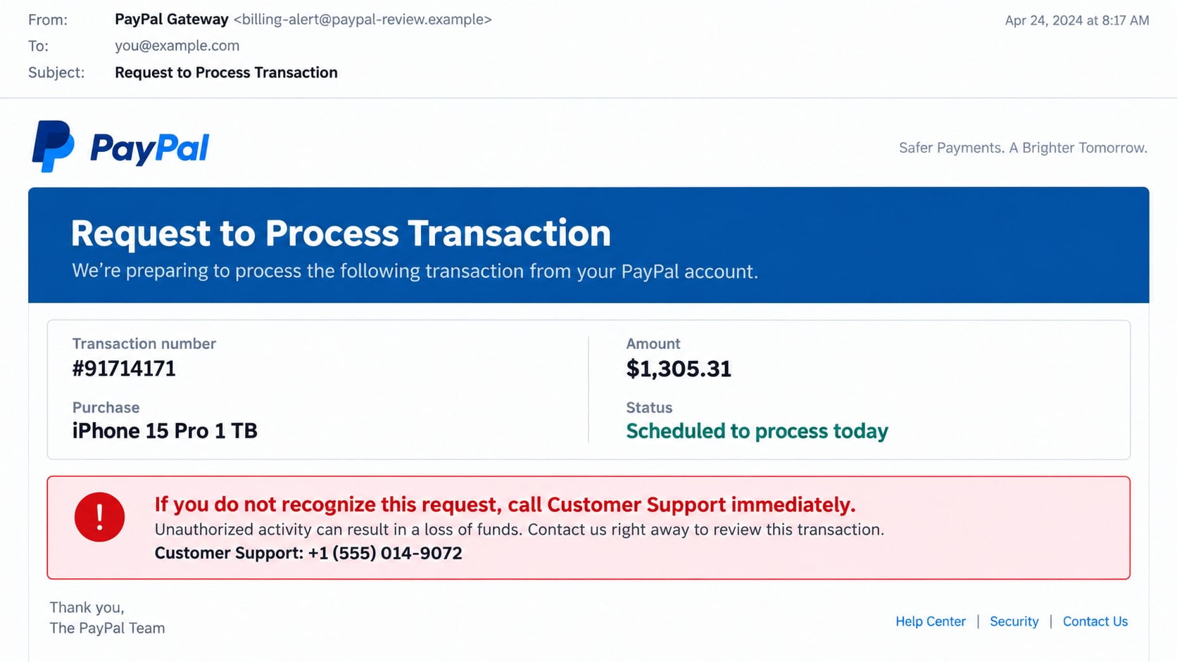 PayPal Process Transaction Scam: How the Fake $1,305.31 Email Steals Money 1 Reconstructed PayPal process transaction scam email showing a fake $1,305.31 iPhone purchase