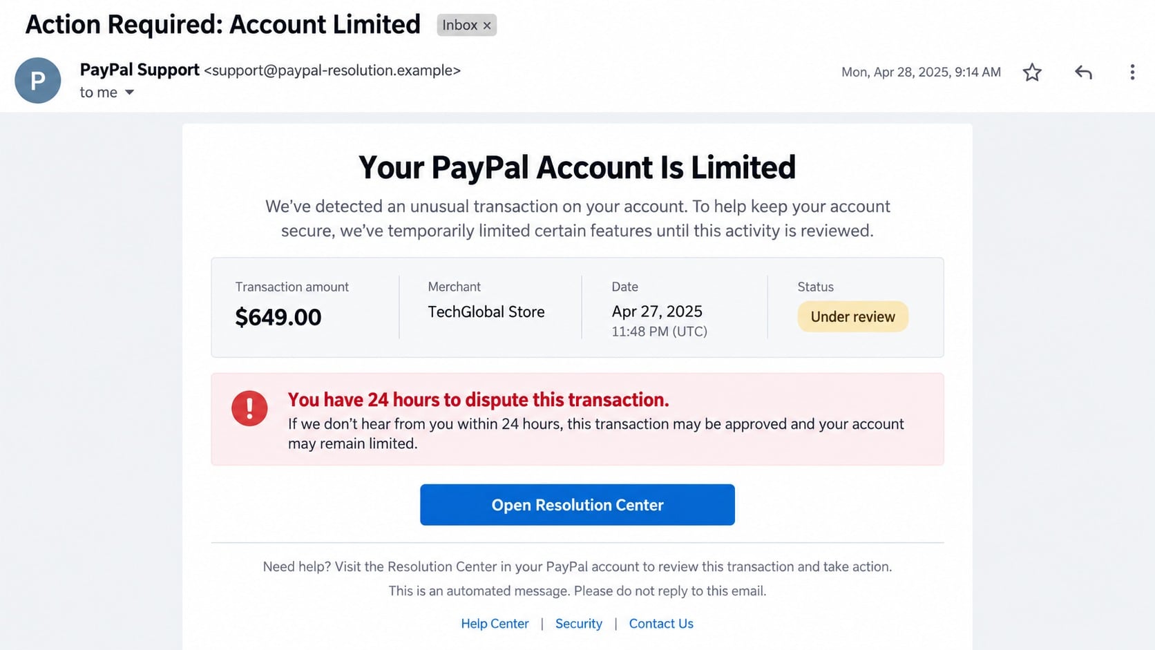PayPal Resolution Center Scam: How Fake Alerts Steal Your Account Login 1 Fake PayPal account limitation email linking to a resolution center