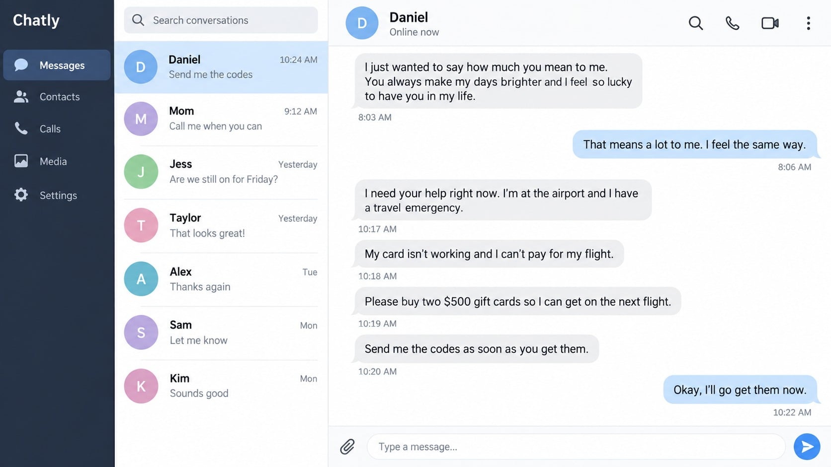 Pennsylvania Romance Scam: How Fake Online Love Stories Drain Your Savings 1 Fake Pennsylvania romance scam chat requesting two $500 gift cards