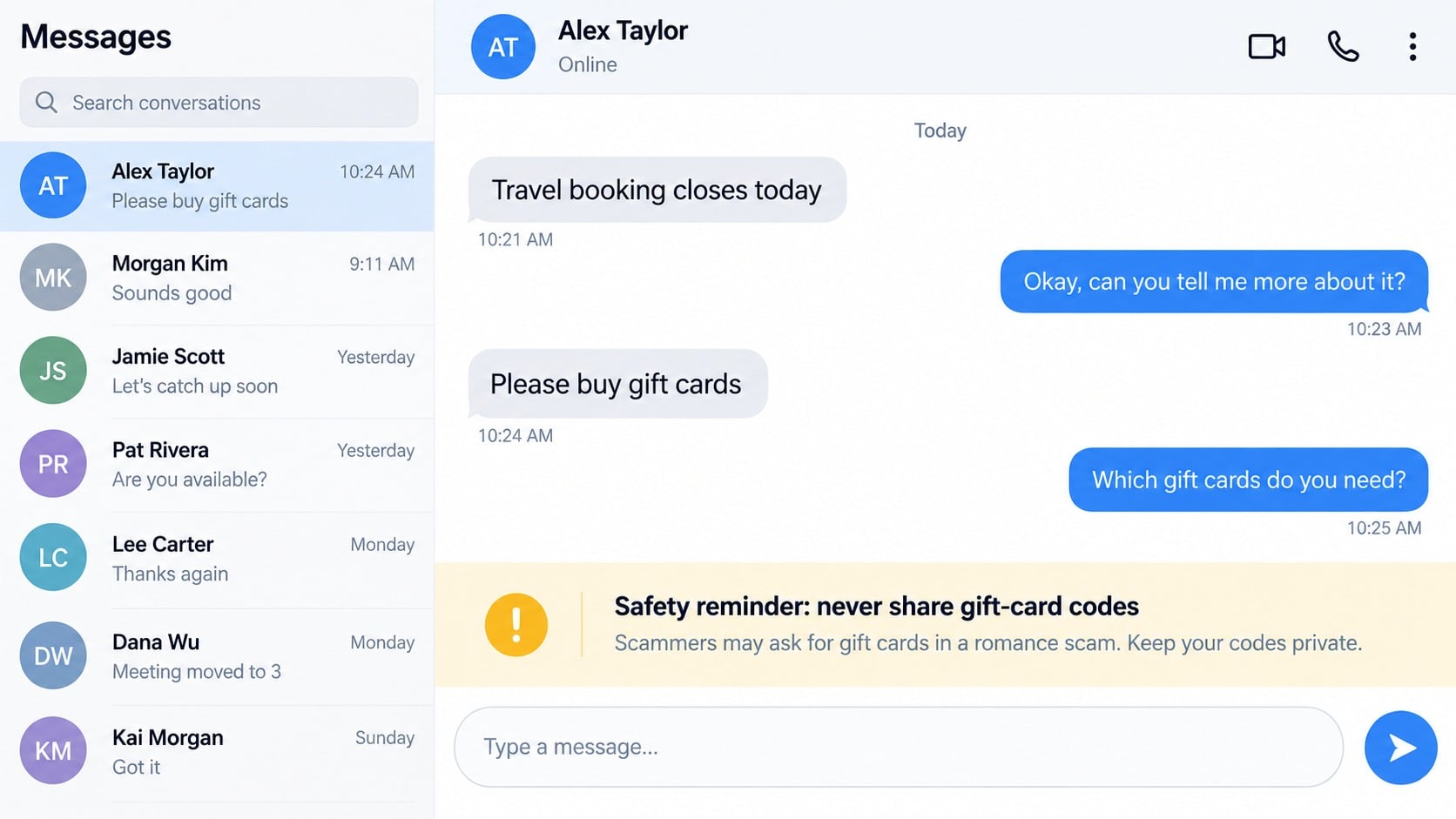 Pennsylvania Romance Scam: How Fake Online Love Stories Drain Your Savings 2 Romance scam chat asking for gift cards with a safety warning