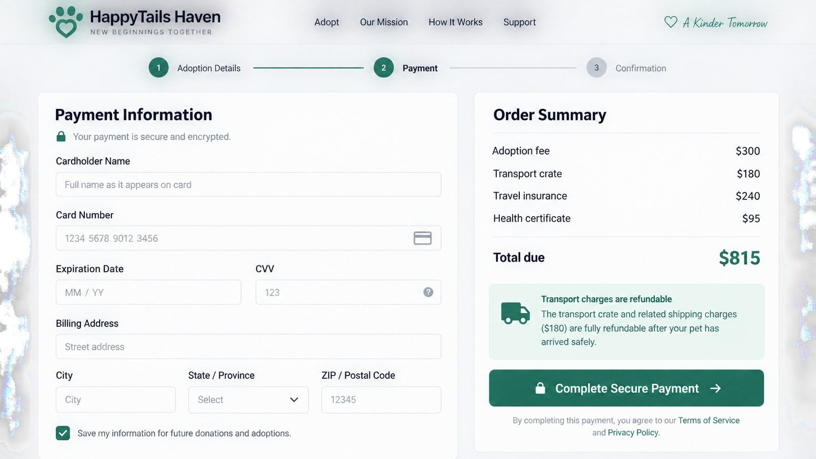 Pet Care Scam Warning: How Fake Vets and Animal Ads Exploit Your Trust 2 Reconstructed fake pet adoption checkout adding transport and insurance fees