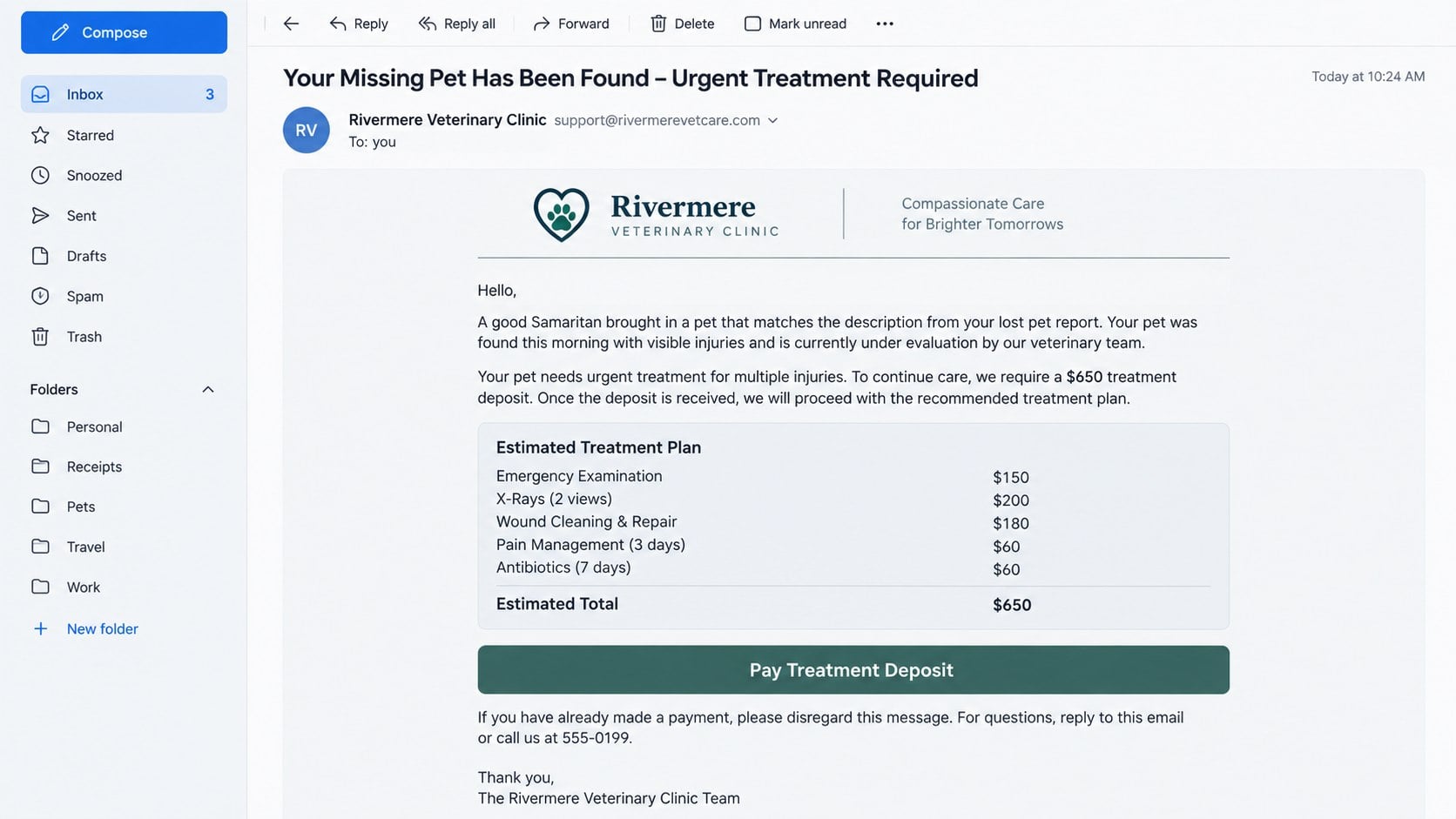 Pet Care Scam Warning: How Fake Vets and Animal Ads Exploit Your Trust 1 Reconstructed fake veterinary email demanding an urgent treatment deposit for a missing pet