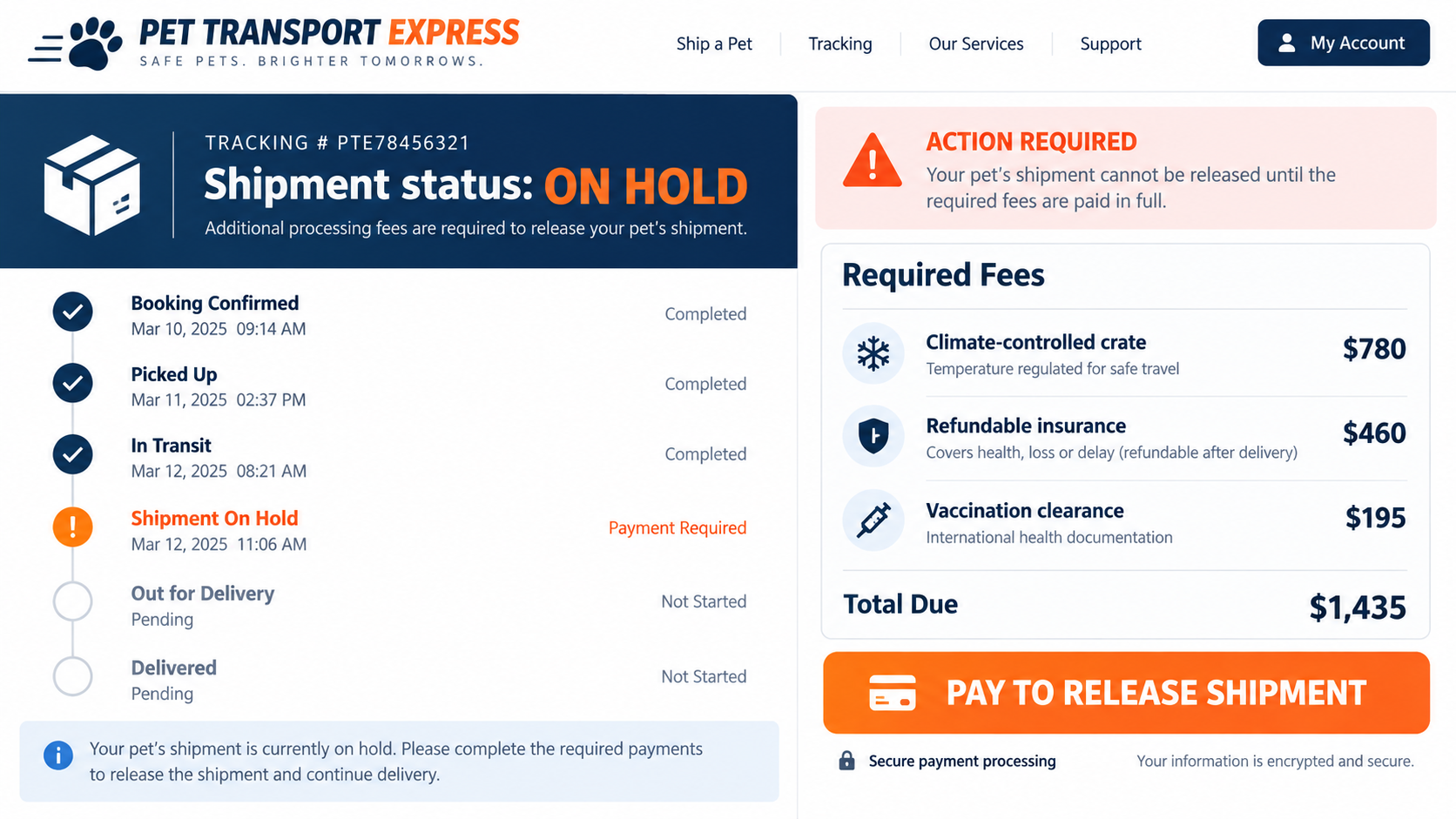 Pet Care Scams Explained: How Fake Vet Emergencies and Pet Ads Steal Money 2 Reconstructed fake pet shipping invoice demanding crate insurance and vaccination fees