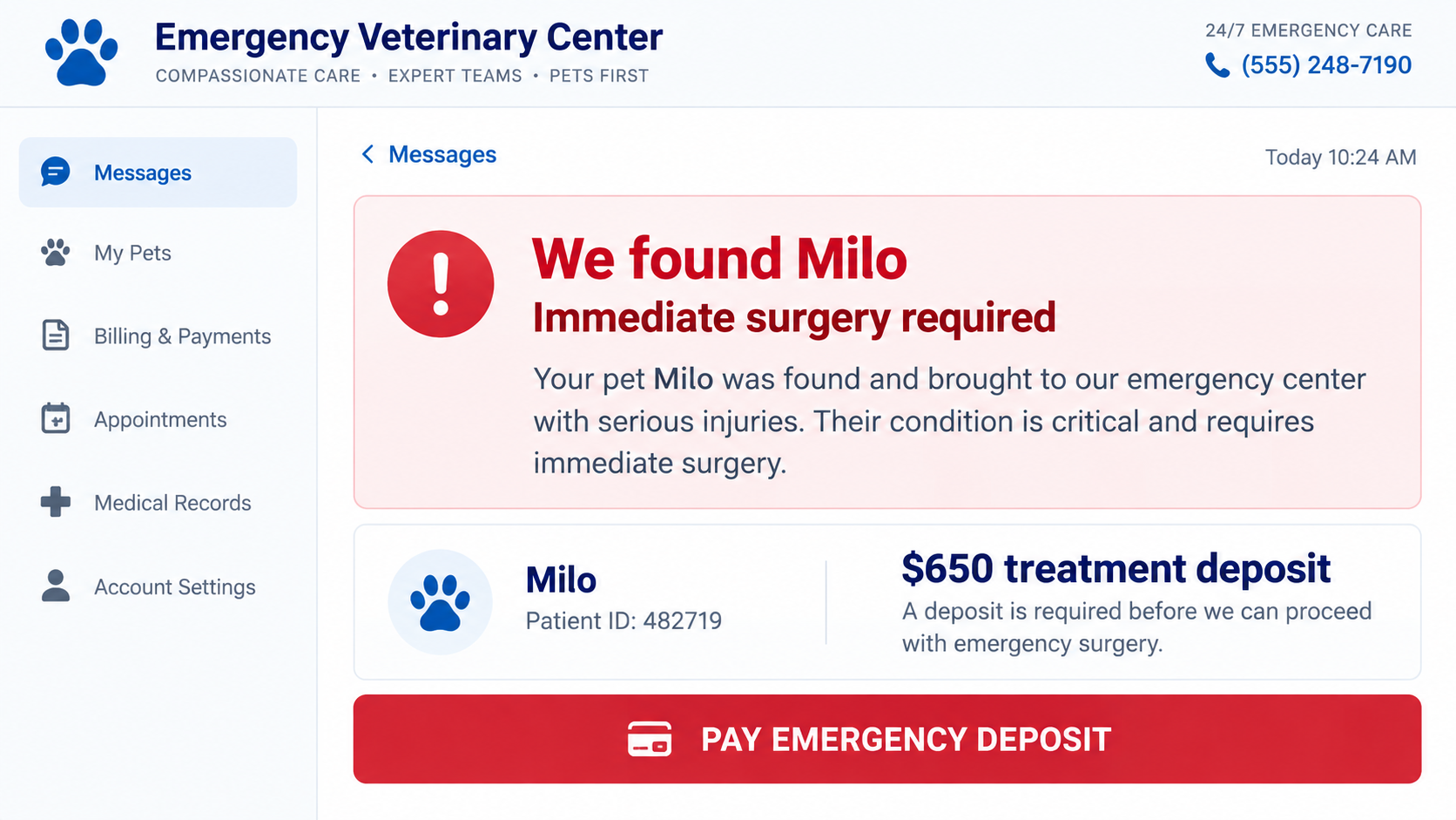 Pet Care Scams Explained: How Fake Vet Emergencies and Pet Ads Steal Money 1 Reconstructed emergency veterinary payment message claiming a missing pet needs urgent treatment