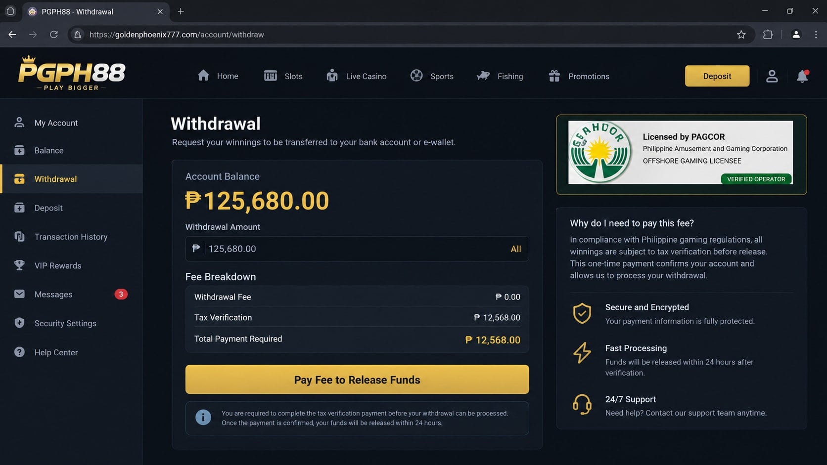 PGPH88 Scam Exposed: How Fake Casino Winnings Keep Demanding More Deposits 2 Reconstructed casino withdrawal page demanding a tax payment and displaying a fake regulatory-style badge
