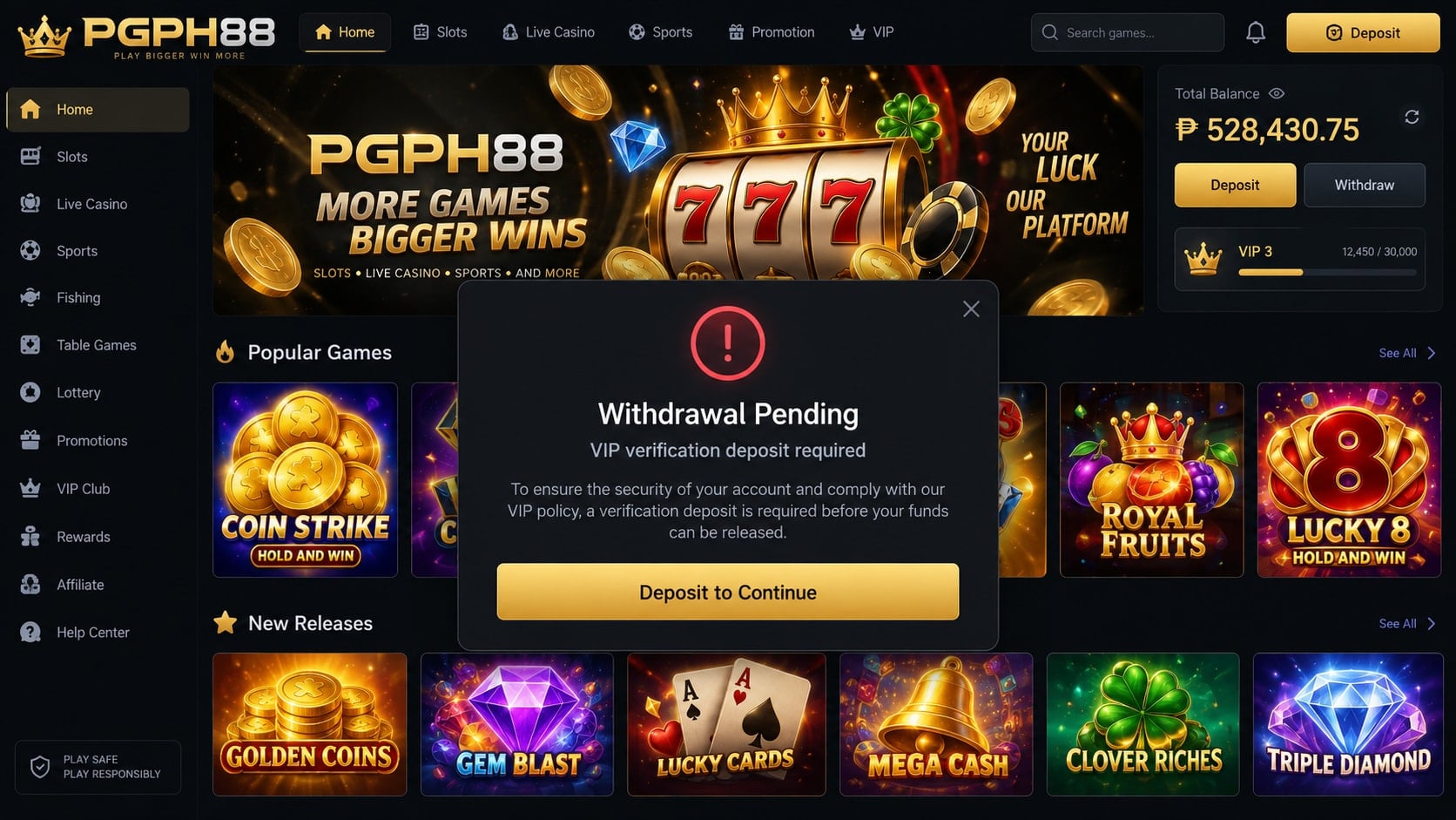 PGPH88 Scam Exposed: How Fake Casino Winnings Keep Demanding More Deposits 1 Reconstructed PGPH88-style casino account showing a blocked withdrawal and new deposit demand