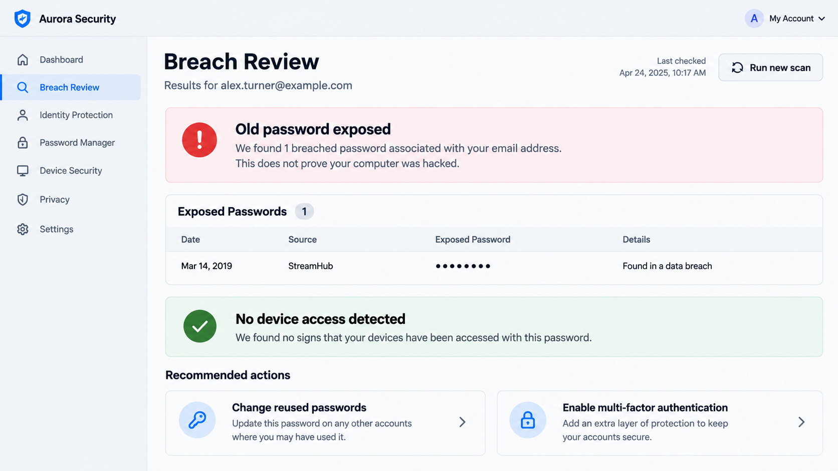 Reconstructed breach review showing an exposed old password without evidence of device access