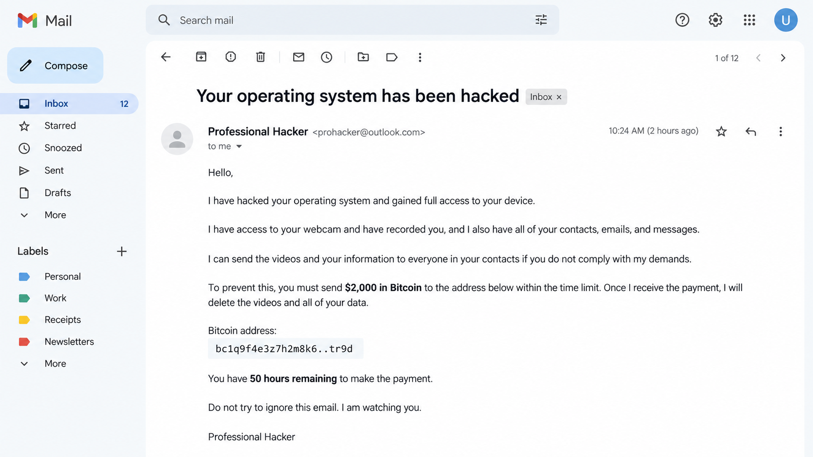 Reconstructed Professional Hacker sextortion email demanding $2,000 in Bitcoin within 50 hours