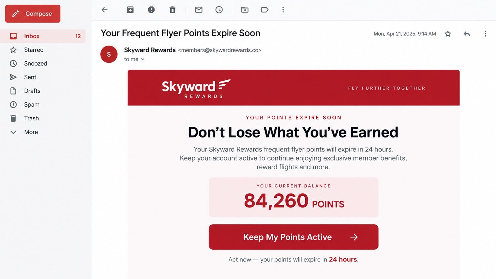 Qantas Frequent Flyer Scam: How Expiring Points Alerts Steal Your Login 1 Reconstructed Qantas Frequent Flyer phishing email warning that reward points will expire