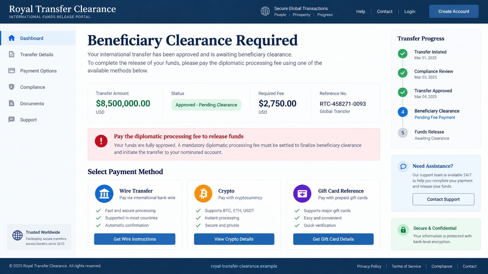 Fake royal transfer portal demanding a diplomatic clearance fee