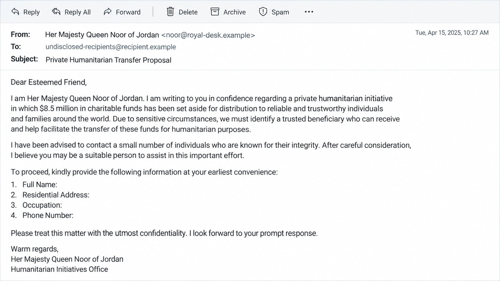 Fake Queen Noor of Jordan email offering a confidential humanitarian transfer