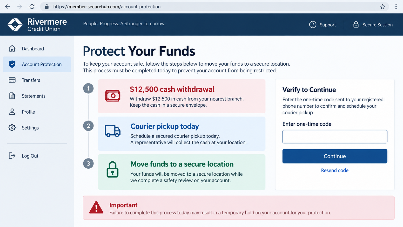 Reconstructed fraudulent bank page directing a $12,500 cash withdrawal and courier pickup