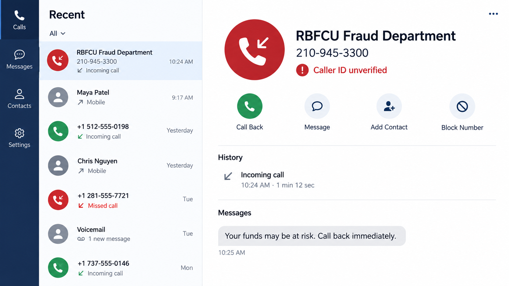 Reconstructed call log showing a spoofed RBFCU phone number marked as unverified