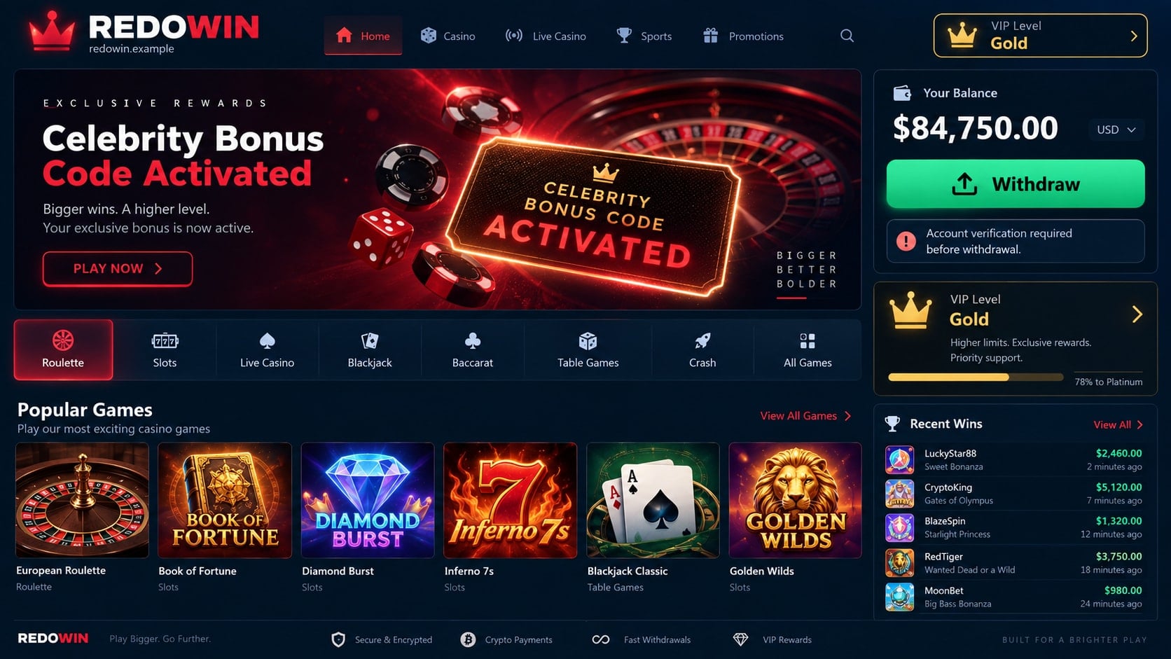 Reconstructed Redowin scam casino dashboard showing a large promotional balance