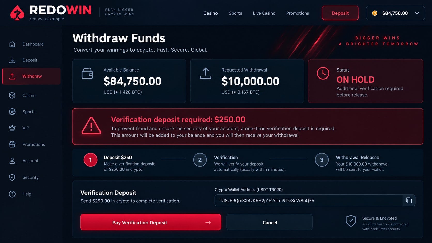 Reconstructed Redowin withdrawal page demanding a $250 verification deposit