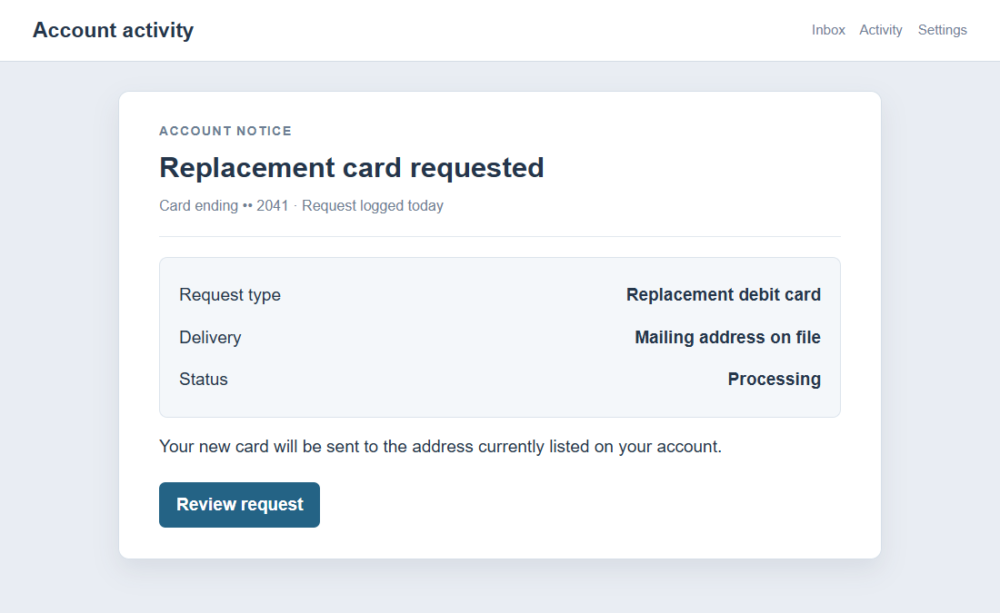 Replacement Bank Card Scam: How Stolen Identities Fueled $650,000 Fraud 1 Flat on-screen reconstruction of an unexpected bank card replacement notice