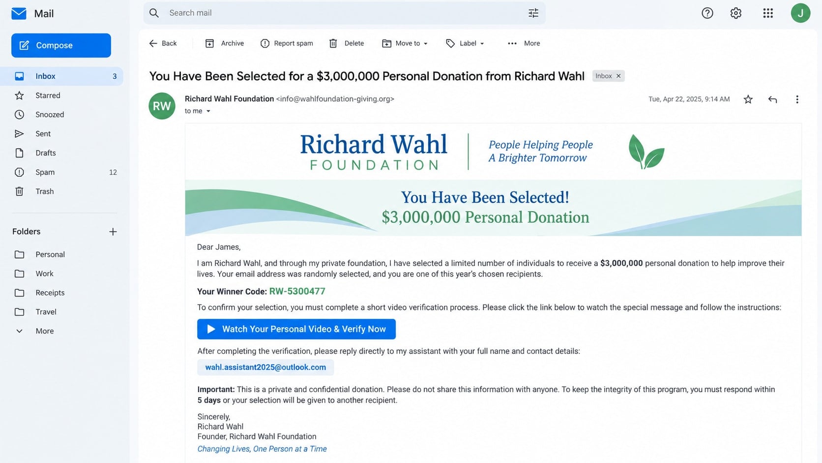 Richard Wahl Lottery Donation Scam: How Fake Gift Claims Steal Your Money 1 Reconstructed Richard Wahl lottery donation scam email offering a $3,000,000 gift