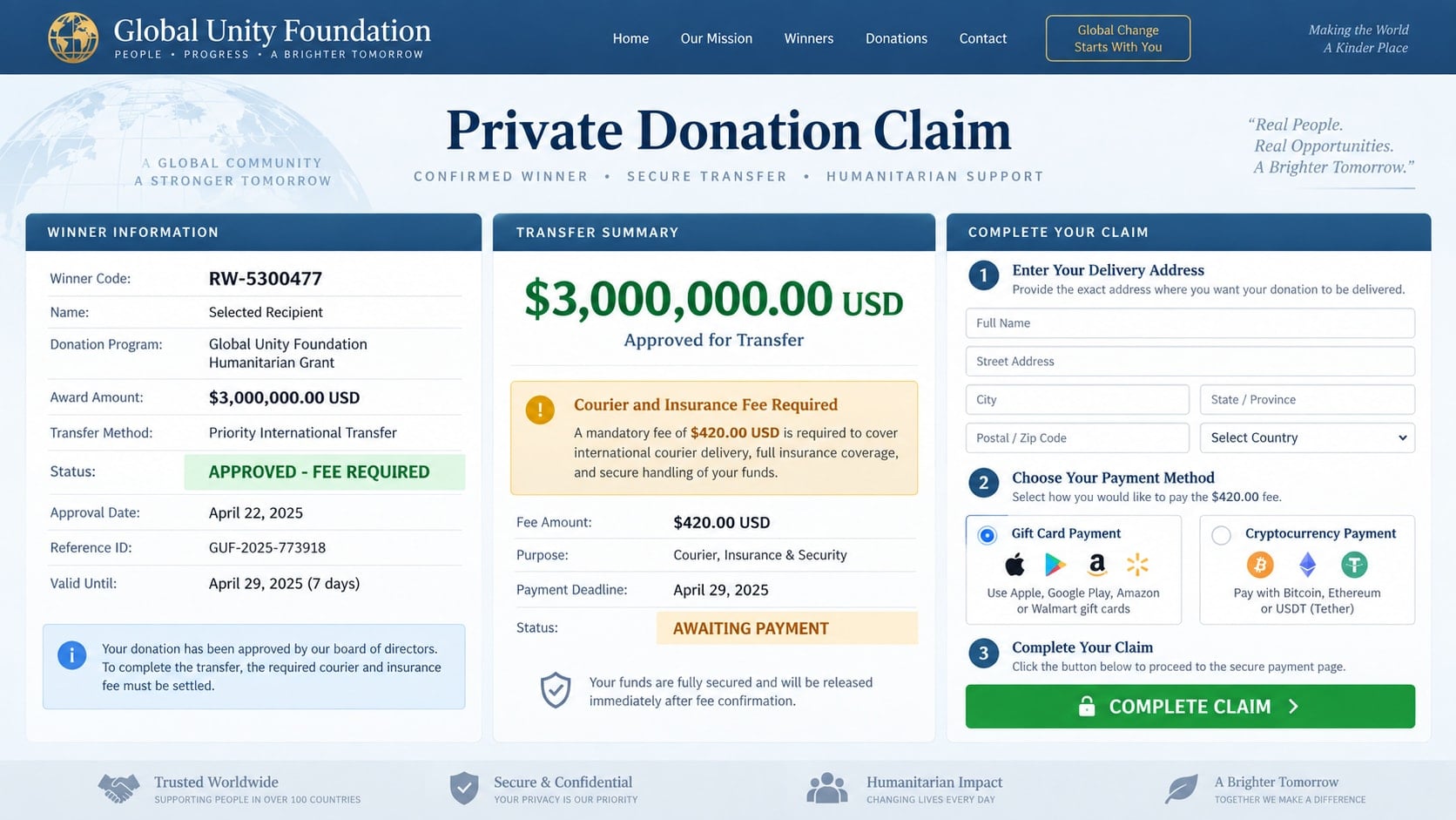 Richard Wahl Lottery Donation Scam: How Fake Gift Claims Steal Your Money 2 Reconstructed fake Richard Wahl donation claim page demanding a courier and insurance fee