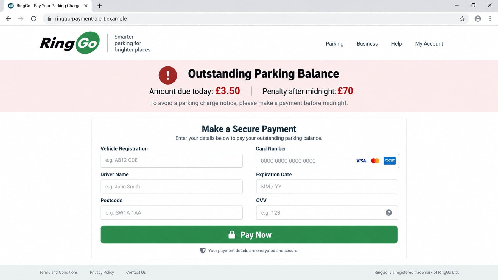 RingGo Scam Text Warning: How Fake Parking Alerts Steal Your Card Details 2 Reconstructed fake RingGo parking payment page requesting vehicle and card information