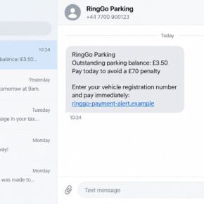 Reconstructed RingGo scam text claiming a £3.50 parking balance will rise to £70