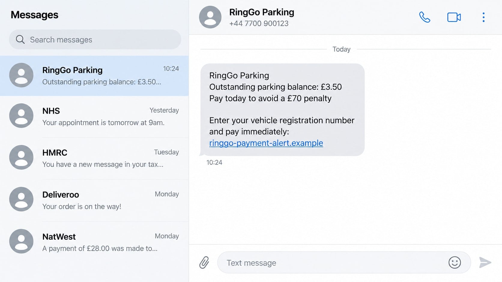 RingGo Scam Text Warning: How Fake Parking Alerts Steal Your Card Details 1 Reconstructed RingGo scam text claiming a £3.50 parking balance will rise to £70