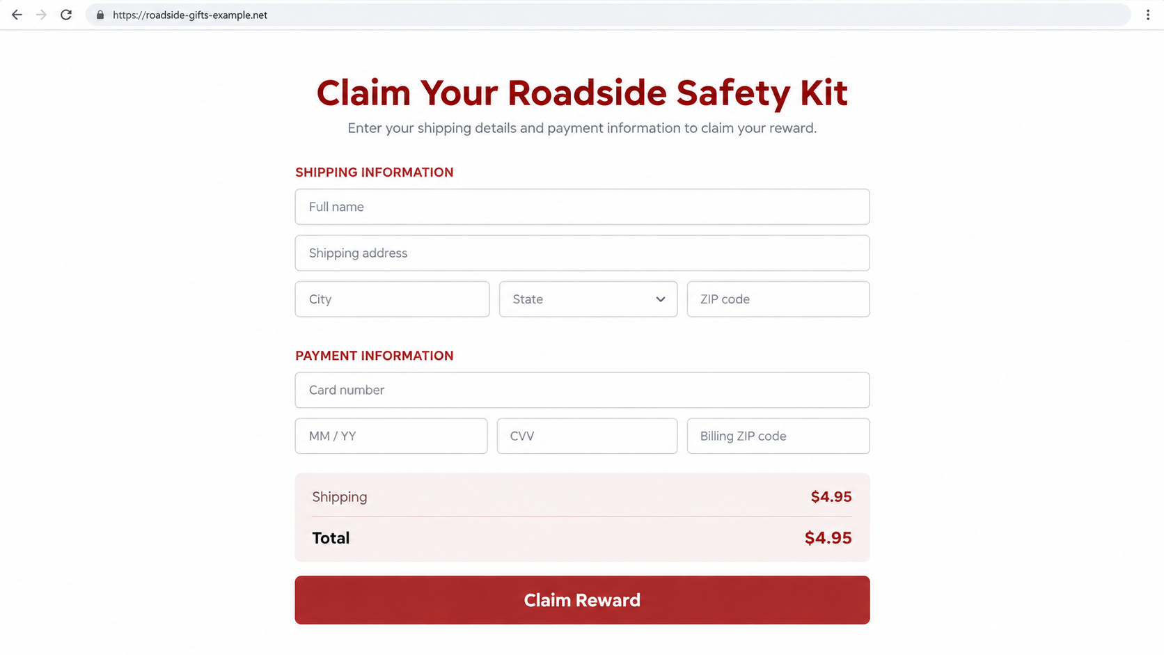 Illustrative reconstruction of a roadside reward checkout requesting shipping and payment details