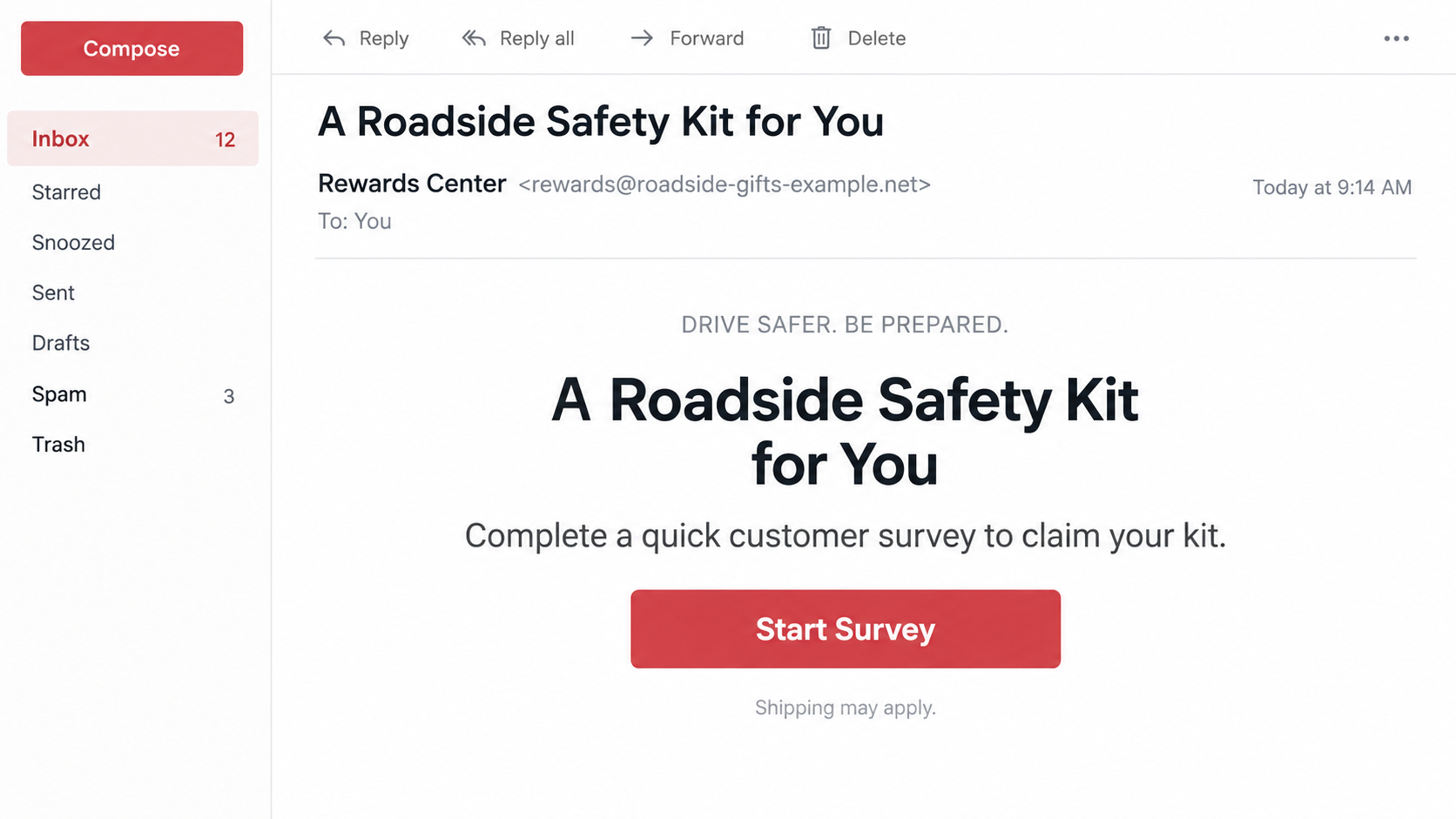 Illustrative reconstruction of an unsolicited roadside safety kit survey email