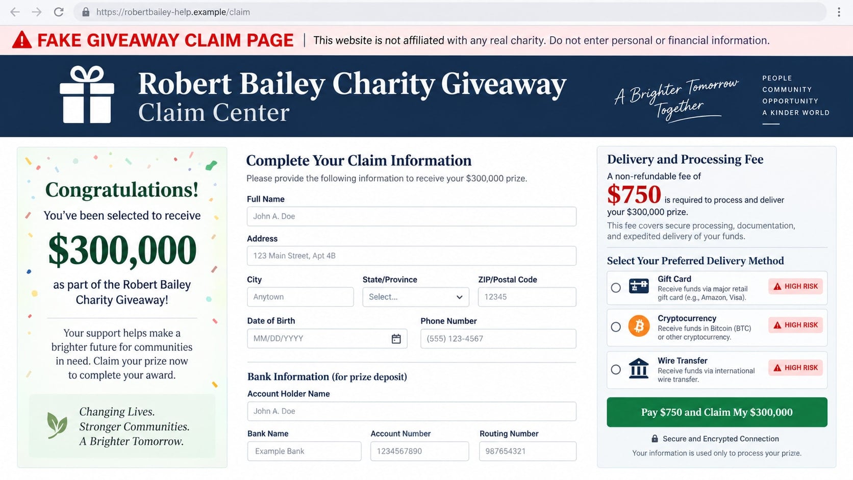 Robert Bailey Instagram Giveaway Scam: How the Fake Winner Message Works 2 Reconstructed fake Robert Bailey $300,000 giveaway claim page demanding a $750 fee