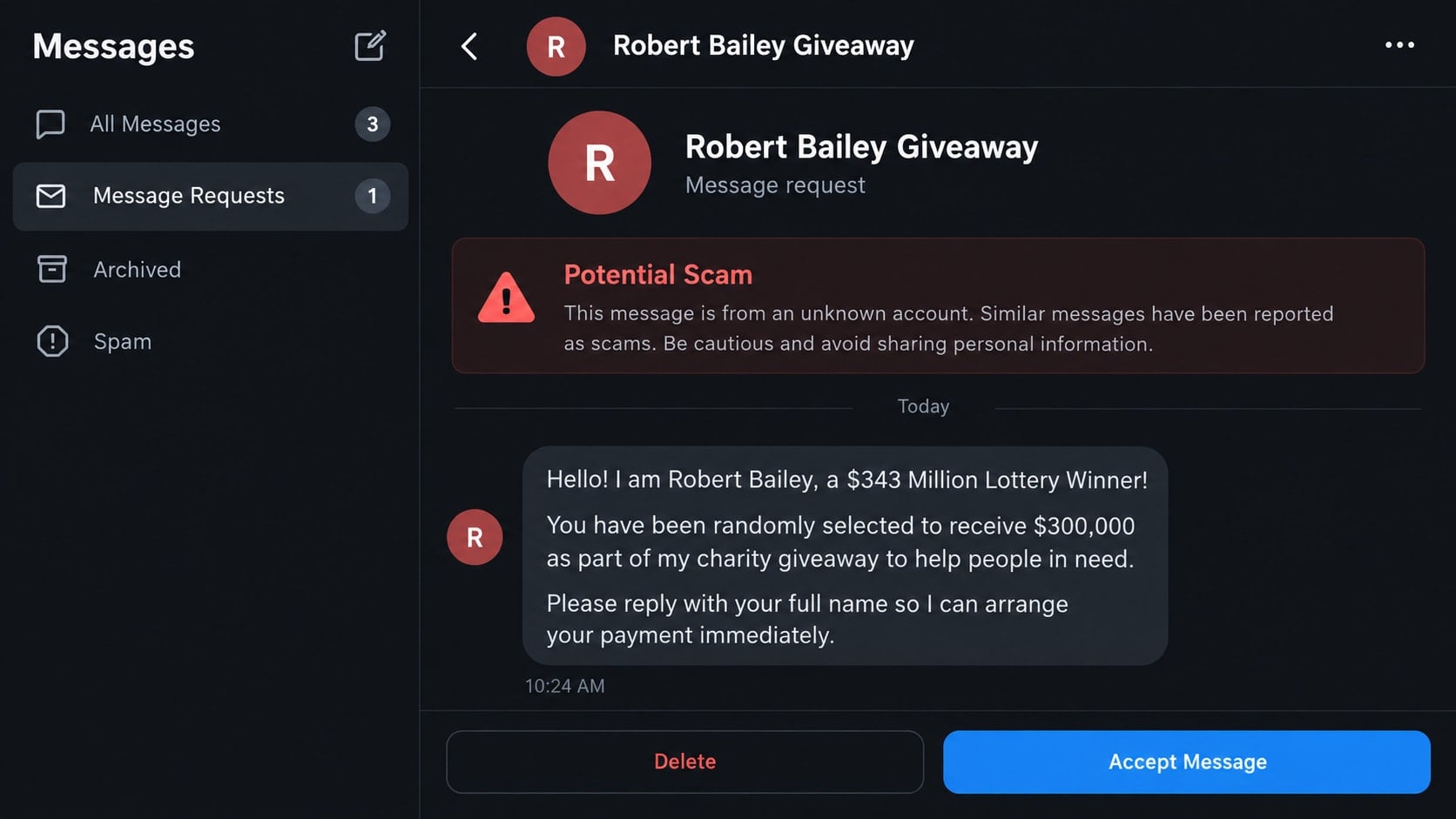 Robert Bailey Instagram Giveaway Scam: How the Fake Winner Message Works 1 Reconstructed Robert Bailey Instagram giveaway scam message promising $300,000