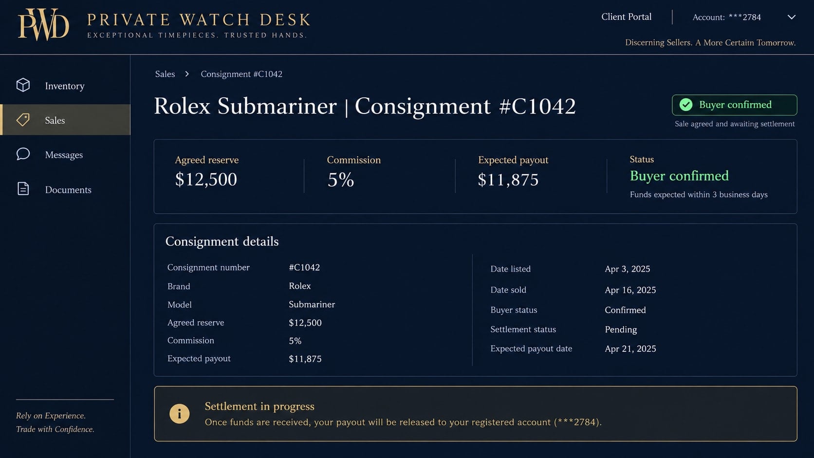 Rolex Consignment Scam: How Sellers Lose Their Watches and Payouts Online 1 Reconstructed luxury watch consignment dashboard with a reserve price and expected seller payout