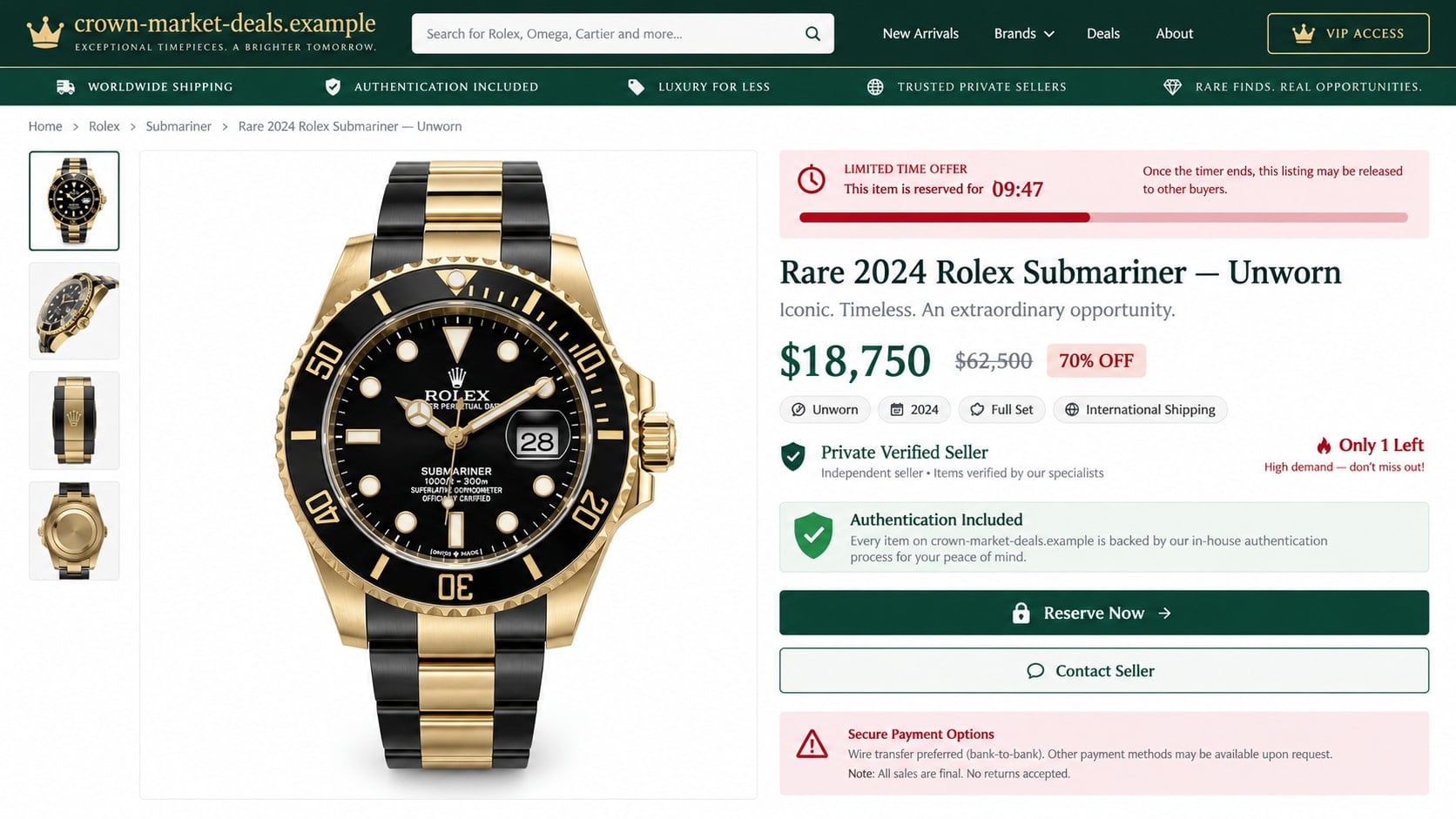 Reconstructed fake Rolex marketplace listing demanding a wire transfer