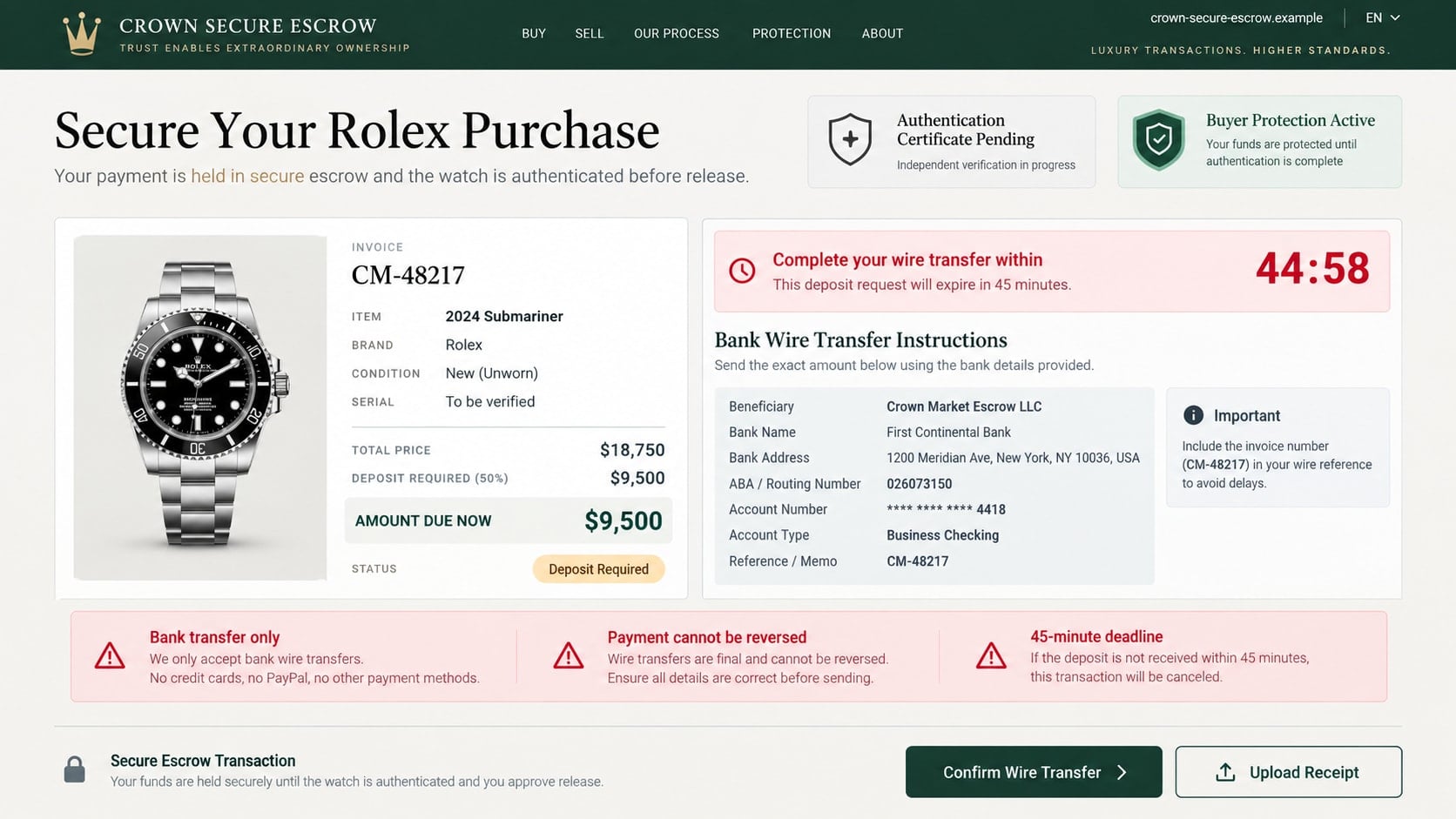 Reconstructed fake Rolex escrow invoice demanding an urgent bank wire deposit