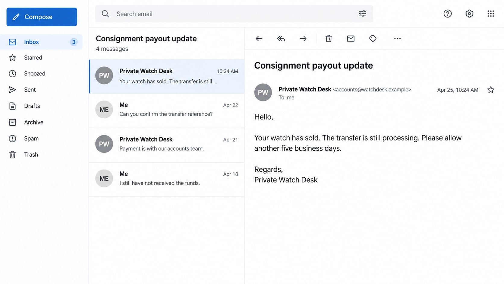 Rolex Consignment Scam: How Sellers Lose Their Watches and Payouts Online 2 Reconstructed consignment email thread showing a sold watch and repeated payment delays