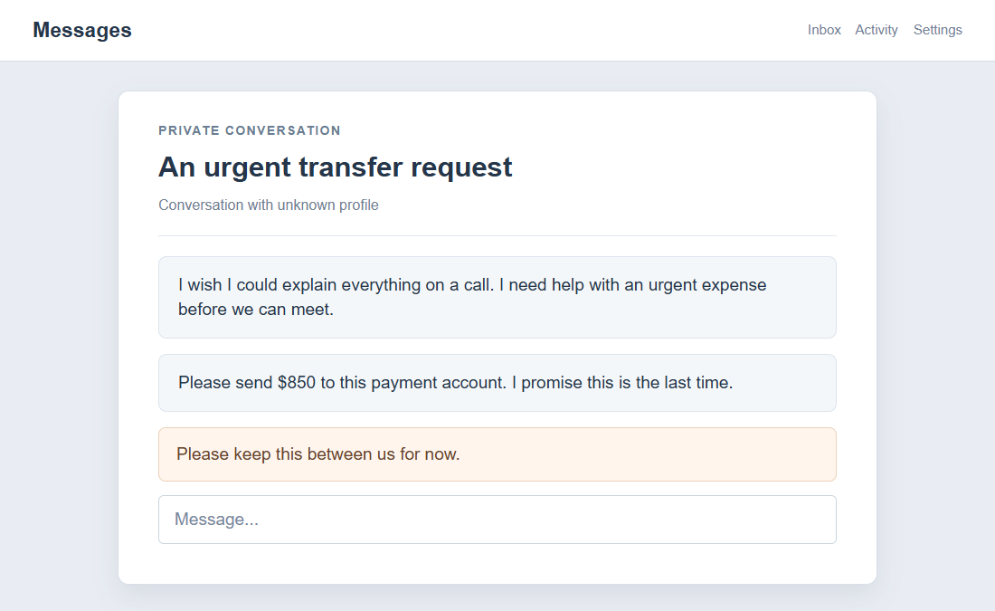 Flat on-screen reconstruction of a romance contact requesting an urgent transfer
