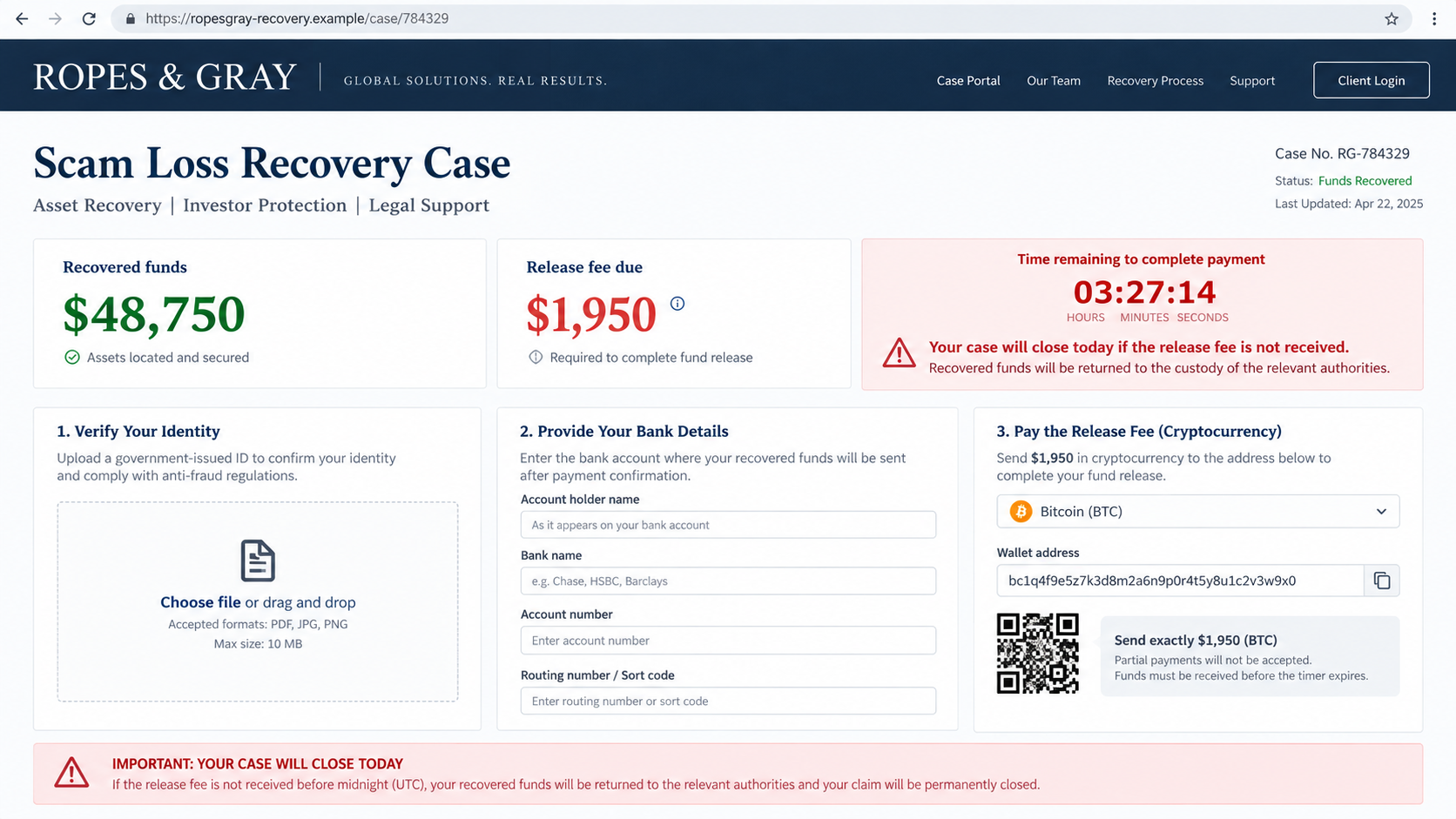 Ropes & Gray Scam Emails: How Fake Lawyers Steal Money and Personal Data 2 Reconstructed fake Ropes and Gray recovery portal requesting identity bank and cryptocurrency details