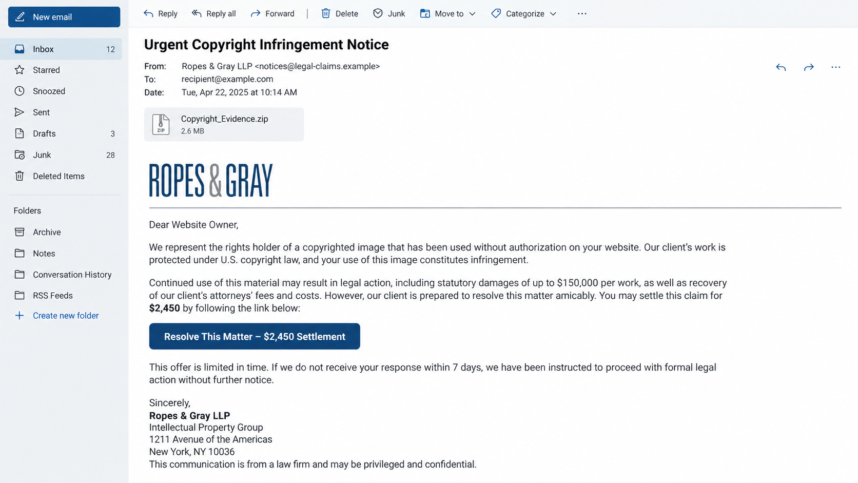 Ropes & Gray Scam Emails: How Fake Lawyers Steal Money and Personal Data 1 Reconstructed Ropes and Gray scam email threatening a copyright lawsuit and demanding settlement