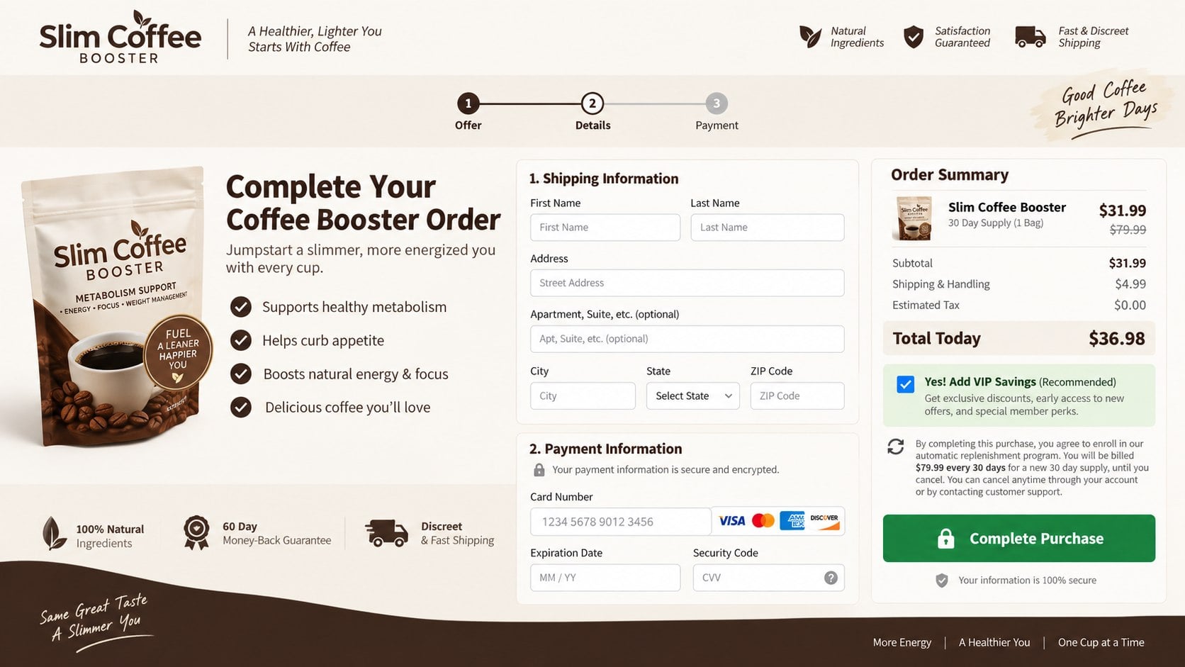 Slim Coffee Booster Scam? Hidden Subscriptions and Weight Loss Red Flags 2 Reconstructed Slim Coffee Booster checkout showing a low introductory price and recurring monthly charge