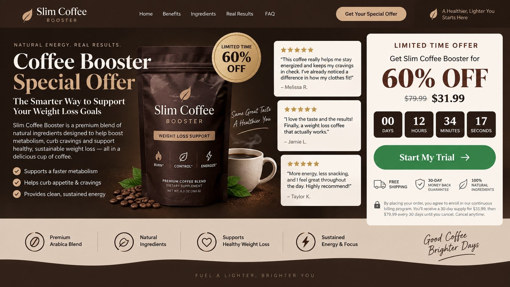 Slim Coffee Booster Scam? Hidden Subscriptions and Weight Loss Red Flags 1 Reconstructed Slim Coffee Booster sales page with a discount countdown and recurring billing disclosure