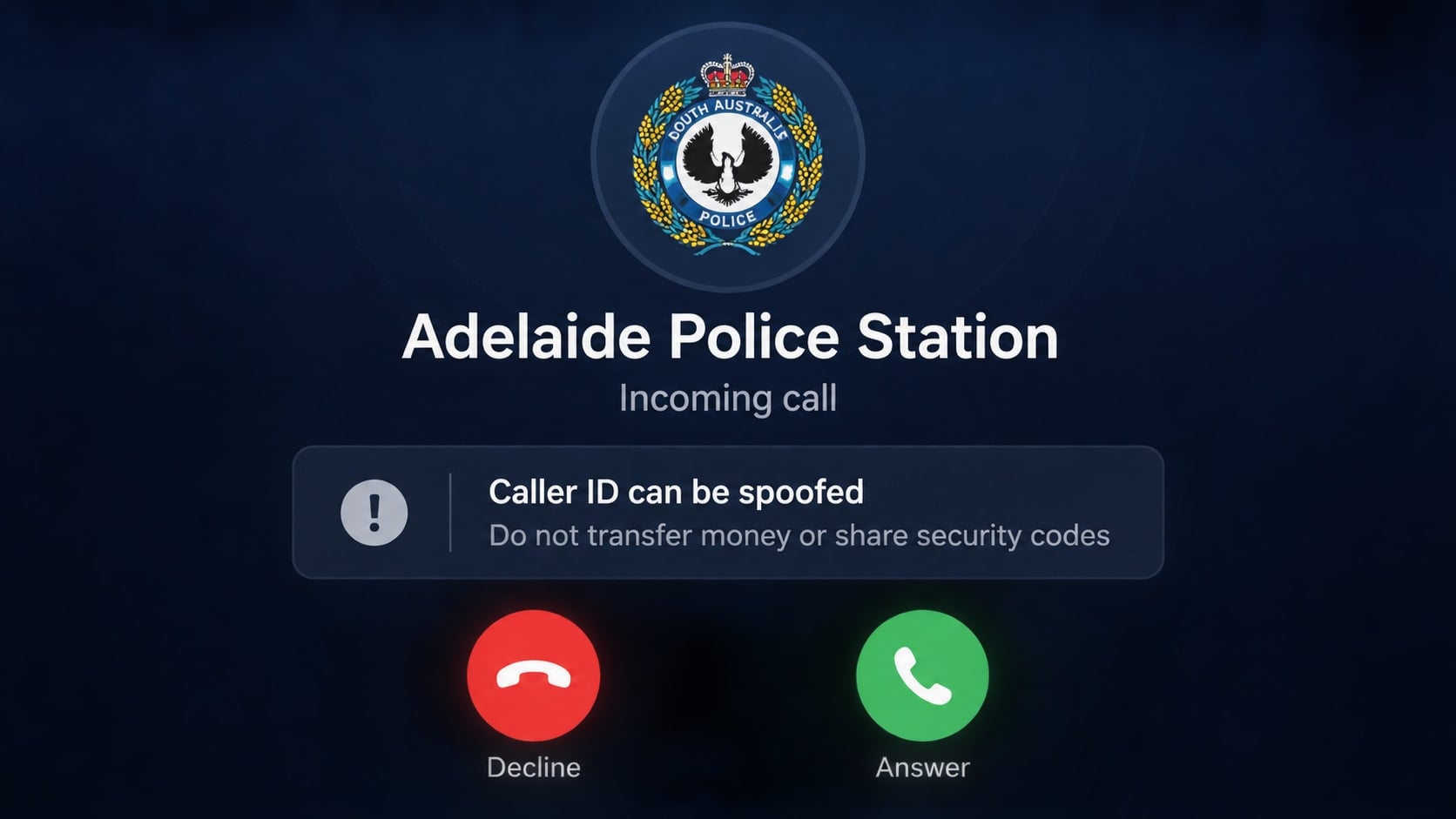 Reconstructed spoofed call screen displaying Adelaide Police Station