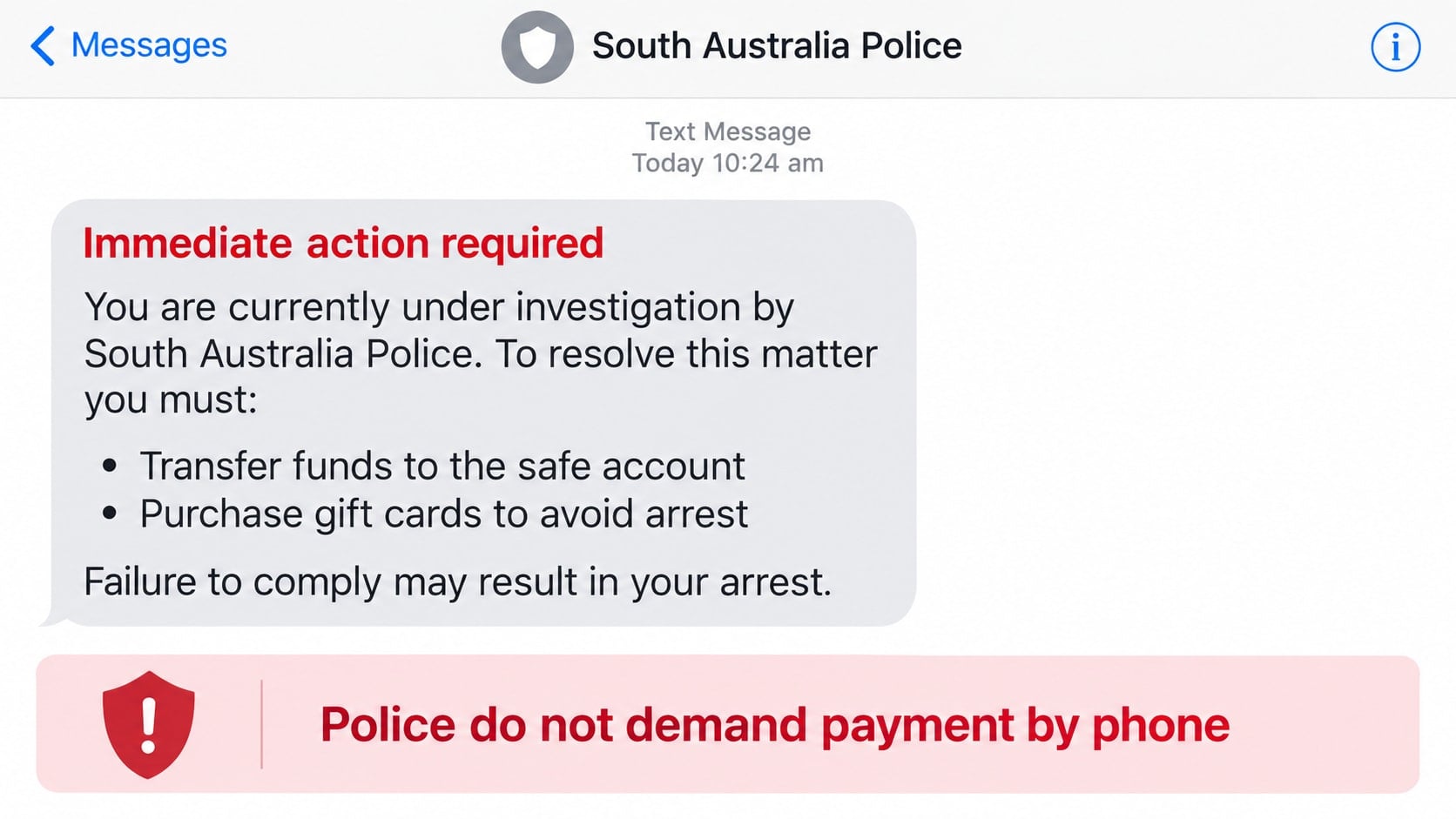 Reconstructed South Australia Police impersonation message demanding a money transfer and gift cards