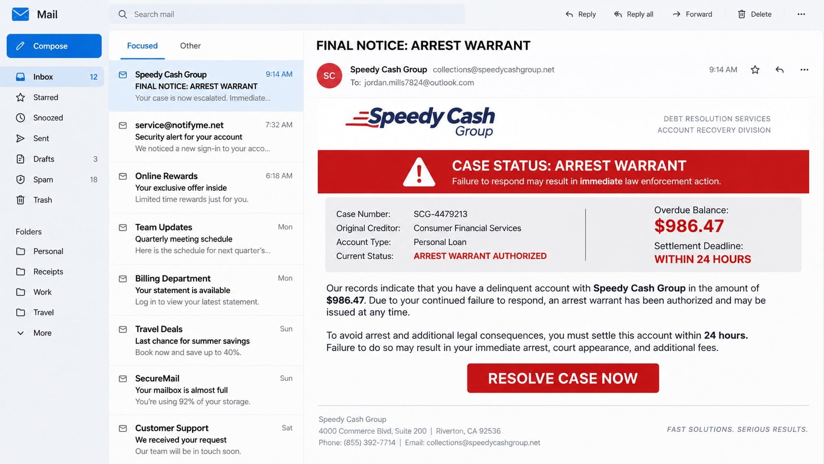 Speedy Cash Group Arrest Warrant Scam: How Fake Debt Threats Steal Money 1 Reconstructed Speedy Cash Group arrest warrant scam email demanding urgent payment