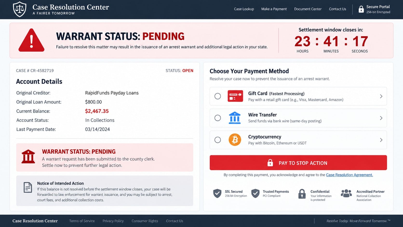 Speedy Cash Group Arrest Warrant Scam: How Fake Debt Threats Steal Money 2 Reconstructed fake debt settlement portal demanding payment to stop an arrest warrant