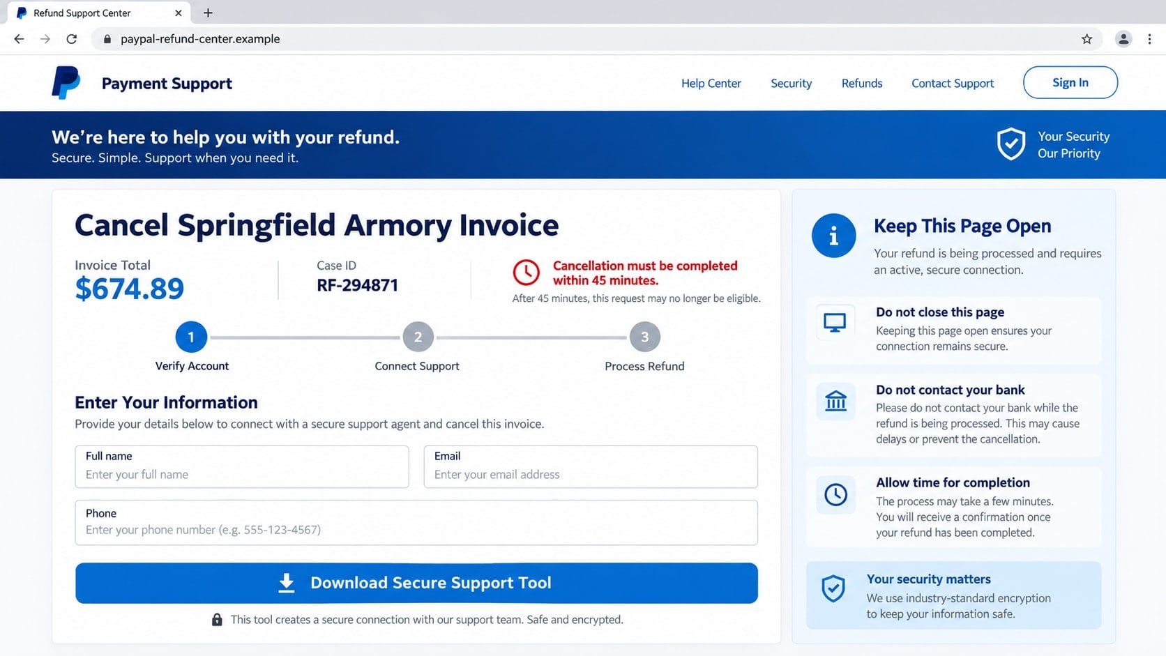 Springfield Armory PayPal Scam: How Fake Gun Invoices Hijack Your Computer 2 Reconstructed fake PayPal refund page requesting details and a remote support download